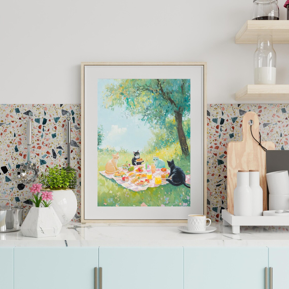 Pastel Cat Picnic Poster, Maximalist Kitsch Decor - Image 2
