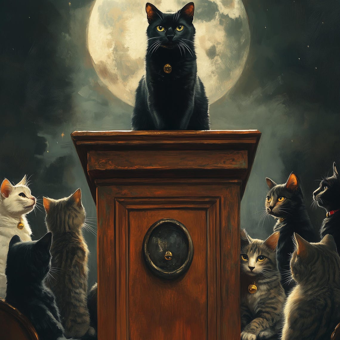 Black Cat Giving Speech to Cats Under Full Moon Whimsical Art Poster - Image 3