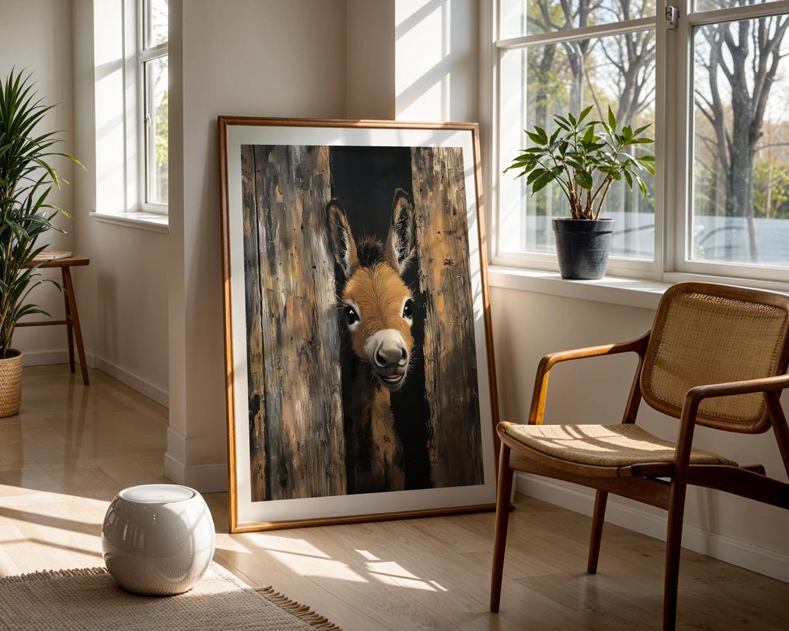 Baby Donkey Peeking From A Wooden Barn Rustic Farmhouse Animal Poster - Image 2