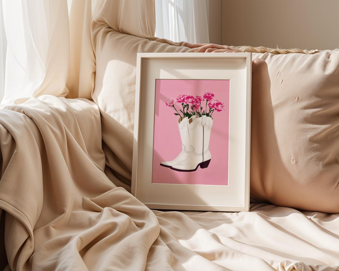 White Cowboy Boots with Pink Carnations Western Floral Art Poster - Image 2