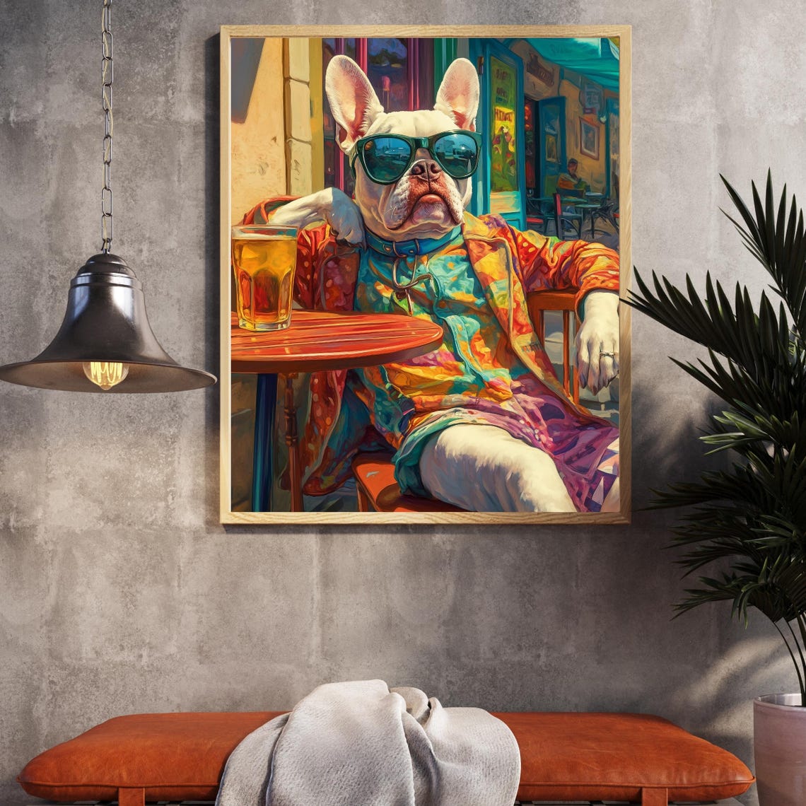 French Bulldog In Sunglasses Enjoying A Beer At A Sidewalk Cafe Poster - Image 3