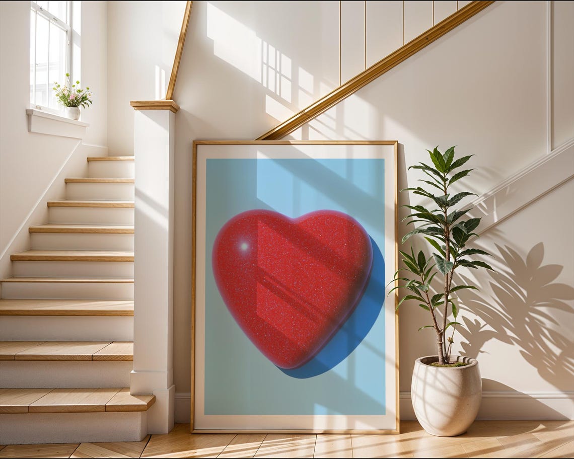 Glossy Red 3D Heart on Blue Pop Art Minimal Love Decor Poster - Image 3
