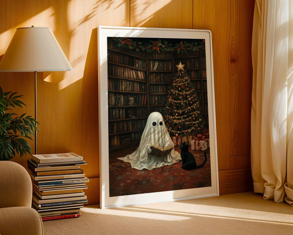 Cute Ghost Reading A Book To A Black Cat By The Christmas Tree Poster - Image 2