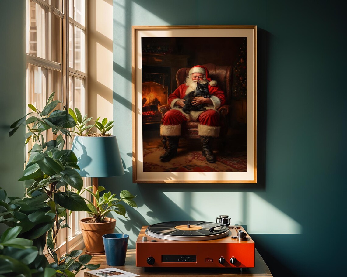 Santa Claus With Black Cat Cozy Christmas Art Print - Image 2