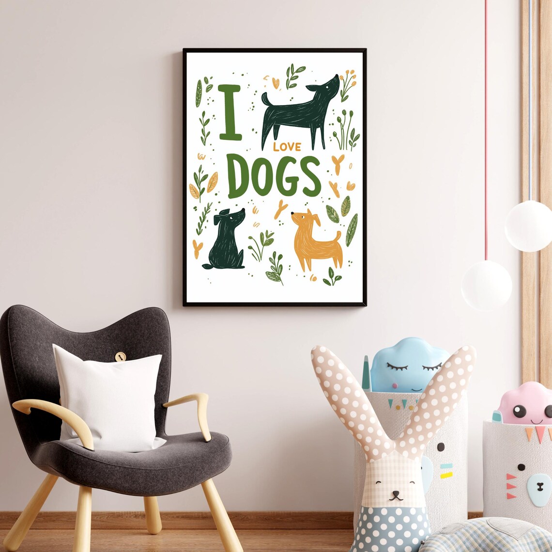 I Love Dogs Illustrated Puppy Trio Green Botanical Dog Poster - Image 2