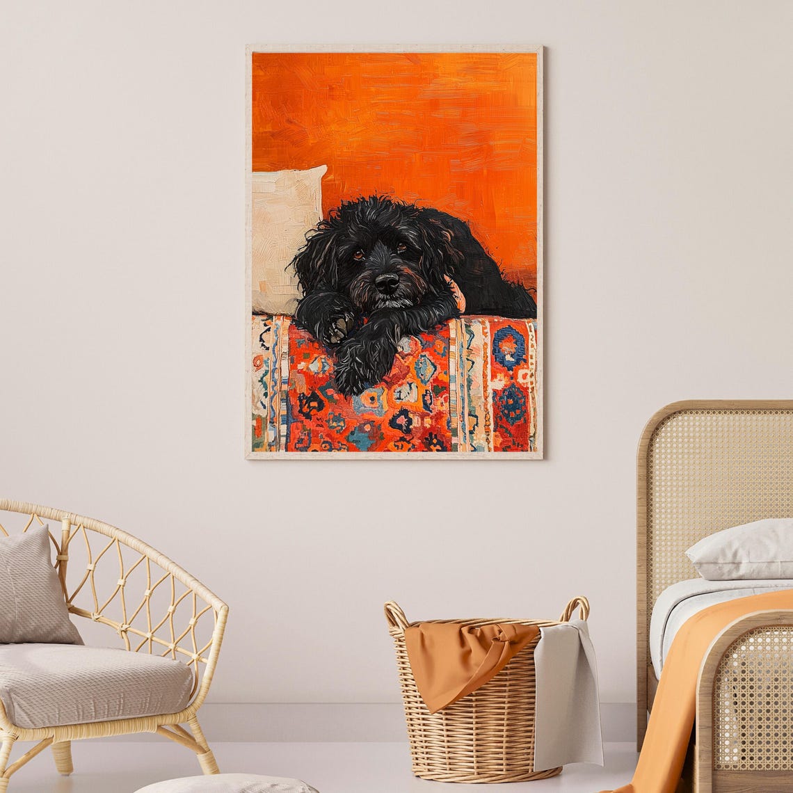 Cozy Sleepy Black Dog Resting On Warm Patterned Rug Scene Poster - Image 3