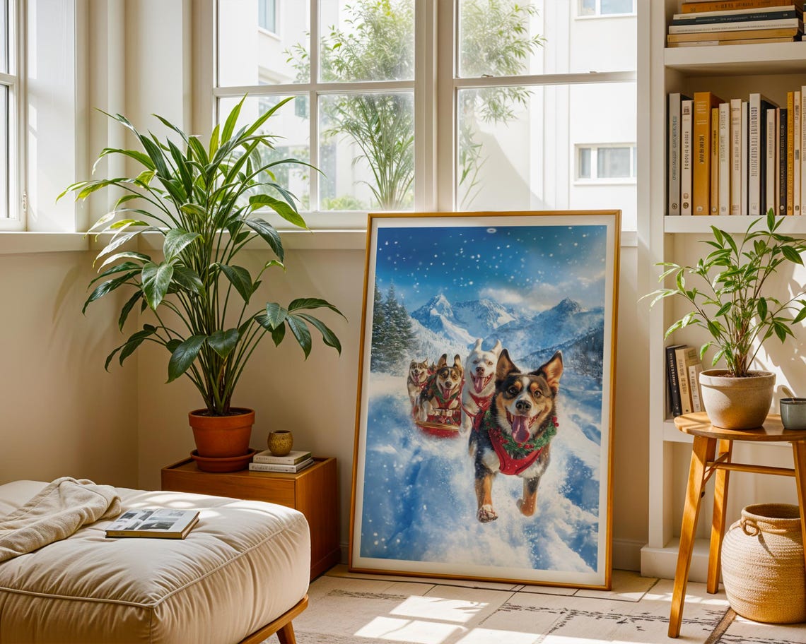 Happy Sled Dog Team Racing Through Snowy Mountain Peaks Poster - Image 2