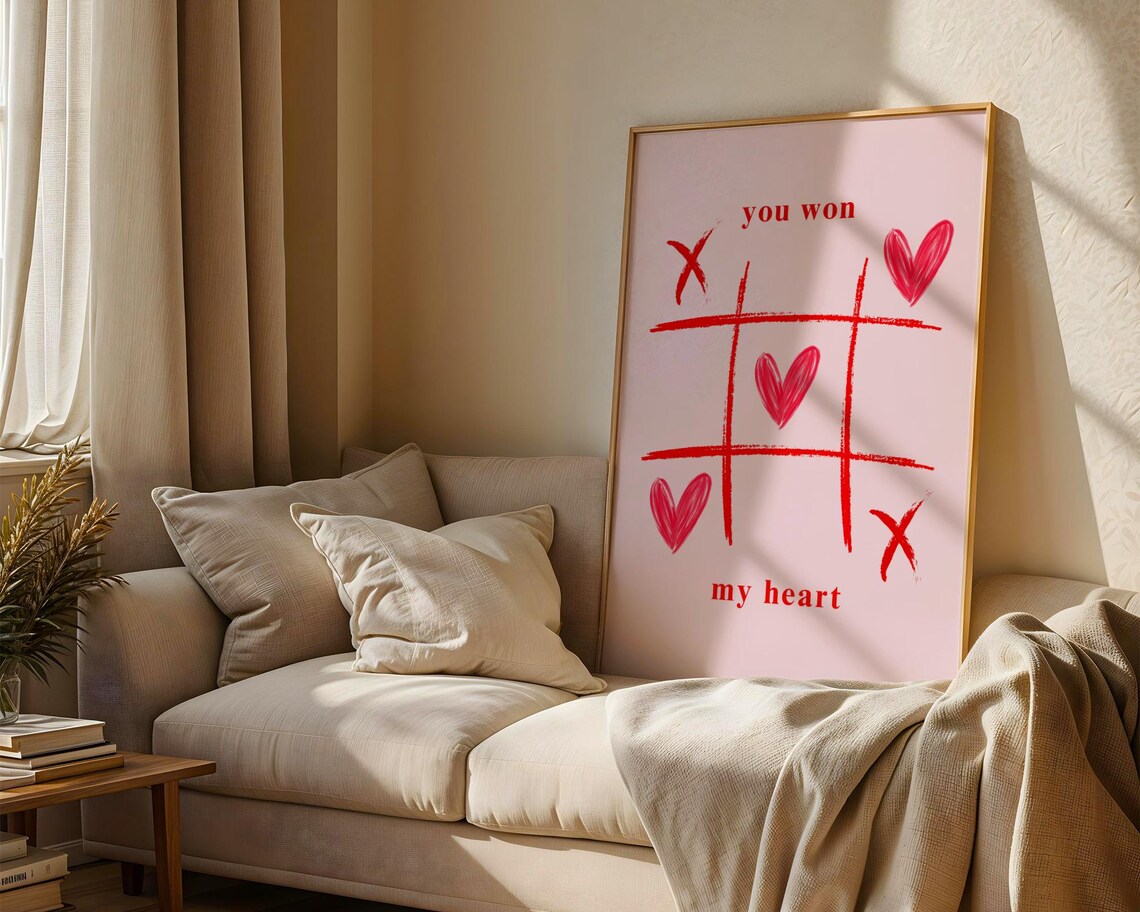 You Won My Heart Tic Tac Toe Game Hearts Red on Pink Love Poster - Image 2