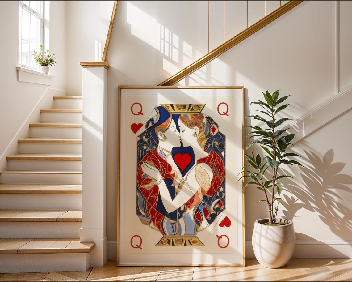 Queen of Hearts Playing Card Trendy Red Blue Artistic Poster - Image 3