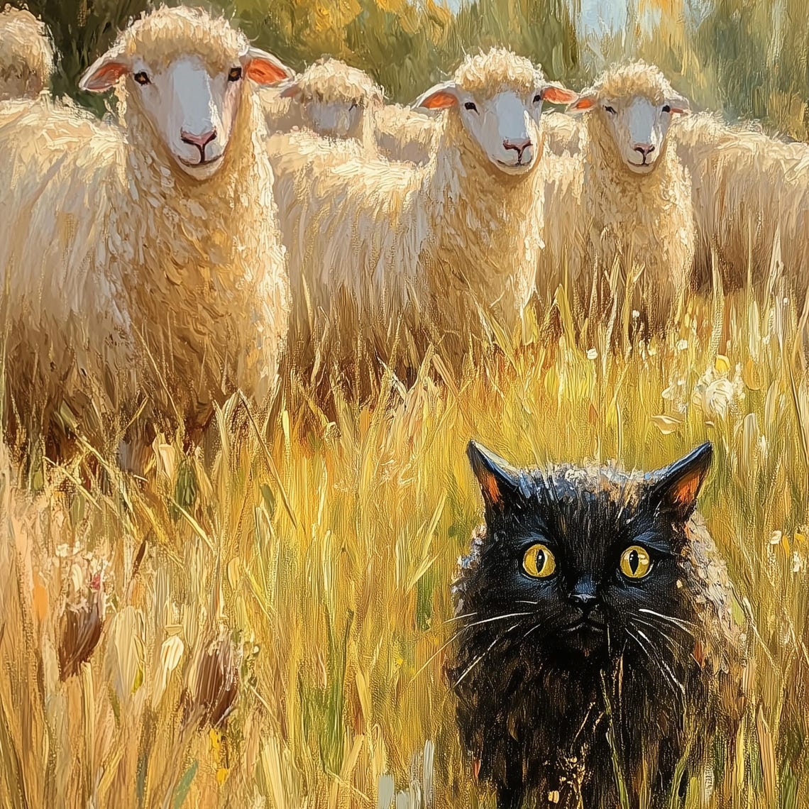 Black Cat Among Sheep Funny Poster Wheat Field Farm Scene Humor Art - Image 3