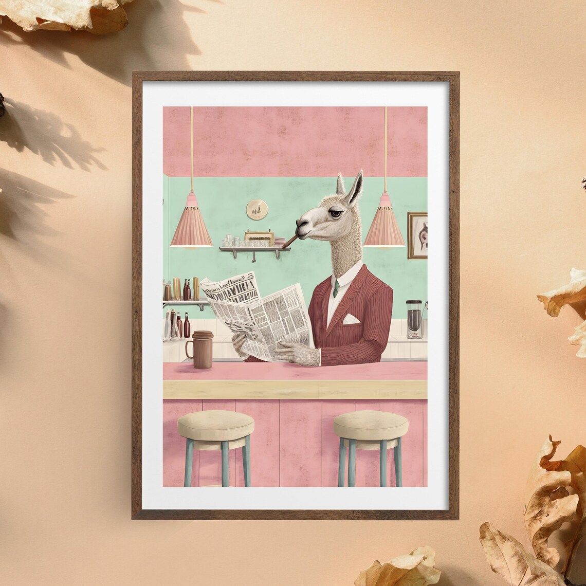 Dapper Llama in a Pinstripe Suit Reading the Newspaper at a Retro Cafe Poster - Image 3