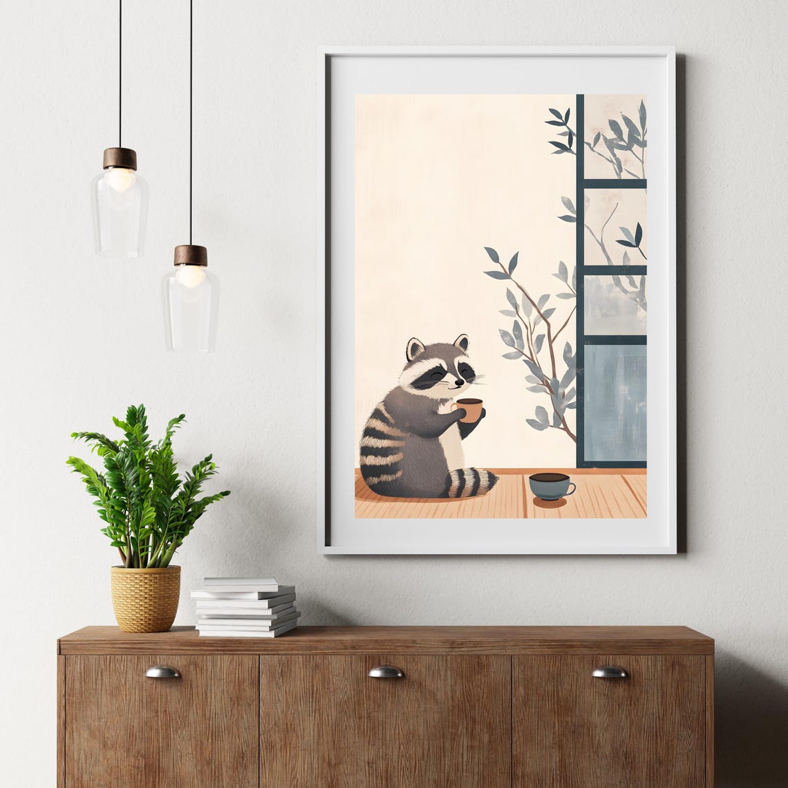 Cozy Raccoon Tea Time Window Japanese Nature Minimalist Art Poster - Image 4