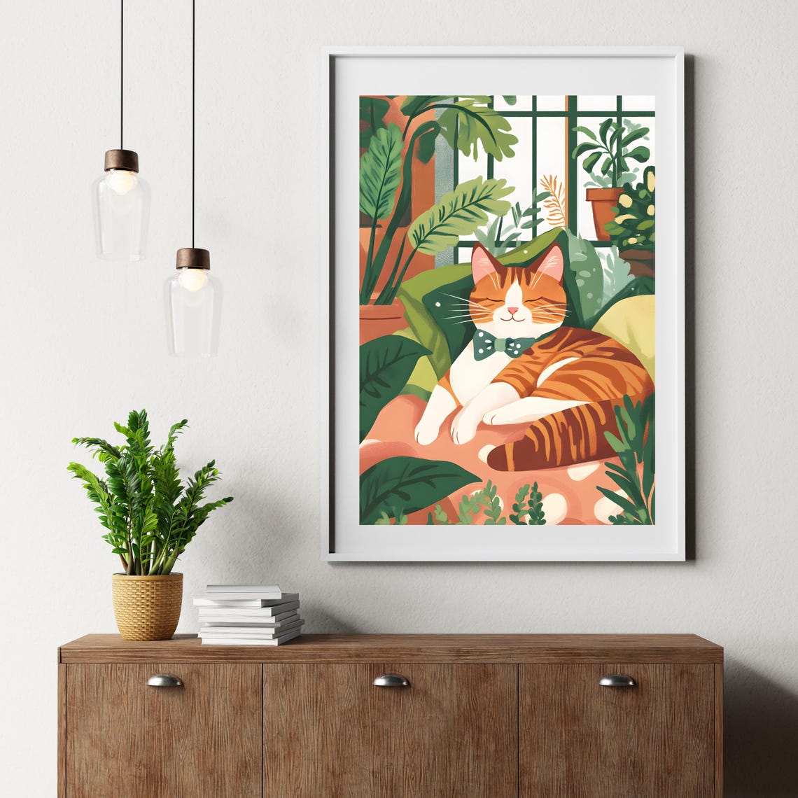 Ginger Tabby Cat Napping In A Bow Tie Among Lush Houseplants Poster - Image 6