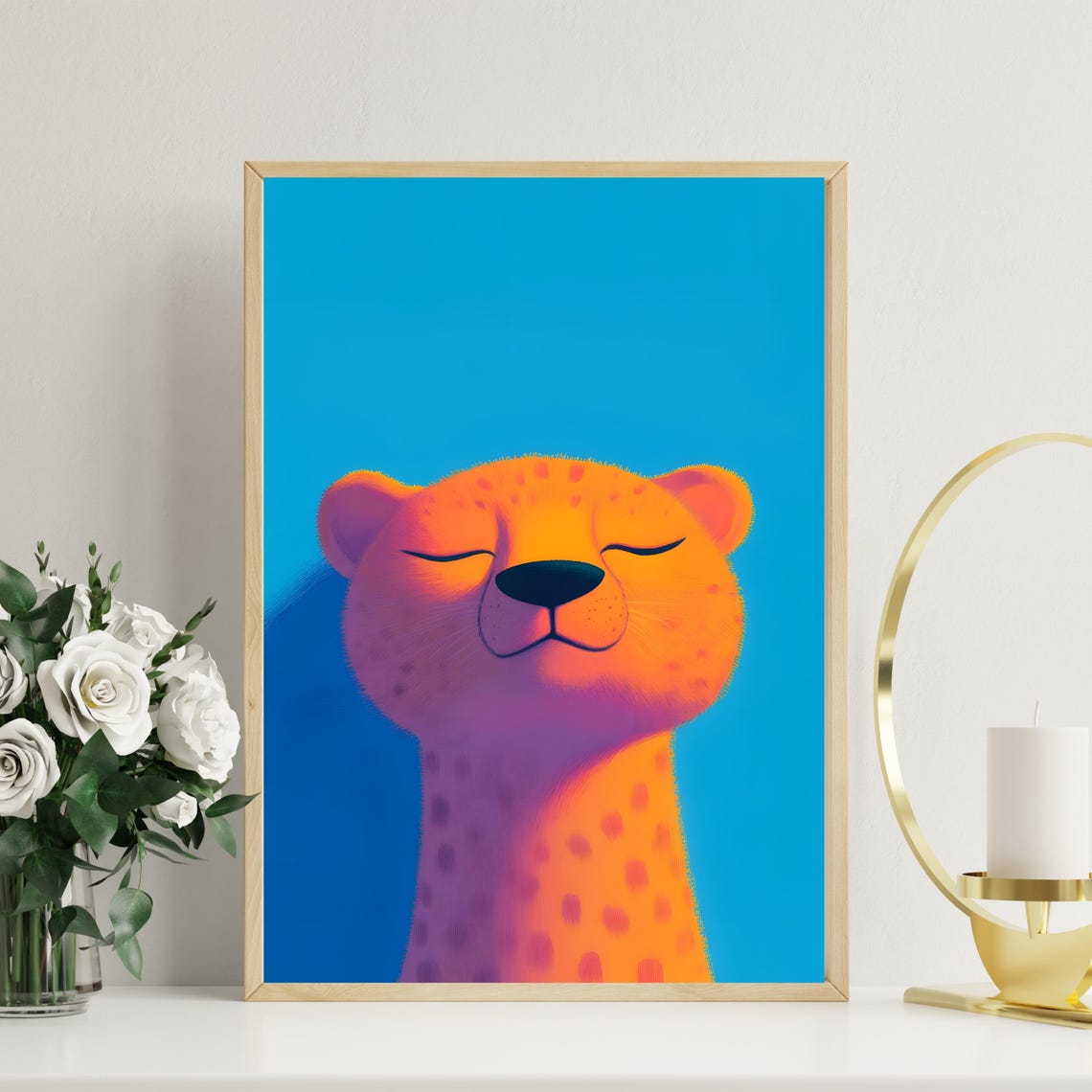 Happy Orange Cheetah Face With Closed Eyes Blue Background Poster