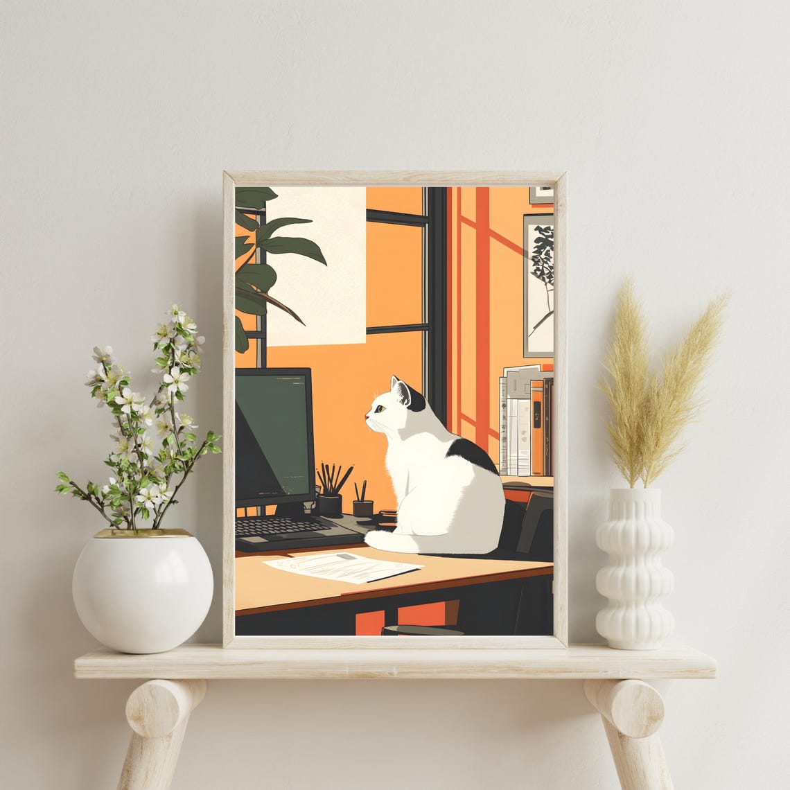 Cat Working at Desk Office Cozy Workspace Animal Nursery Art Poster - Image 3