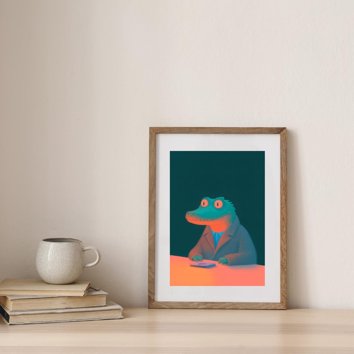 Neon Crocodile In Suit Sitting At Desk Surreal Reptile Art Poster - Image 3