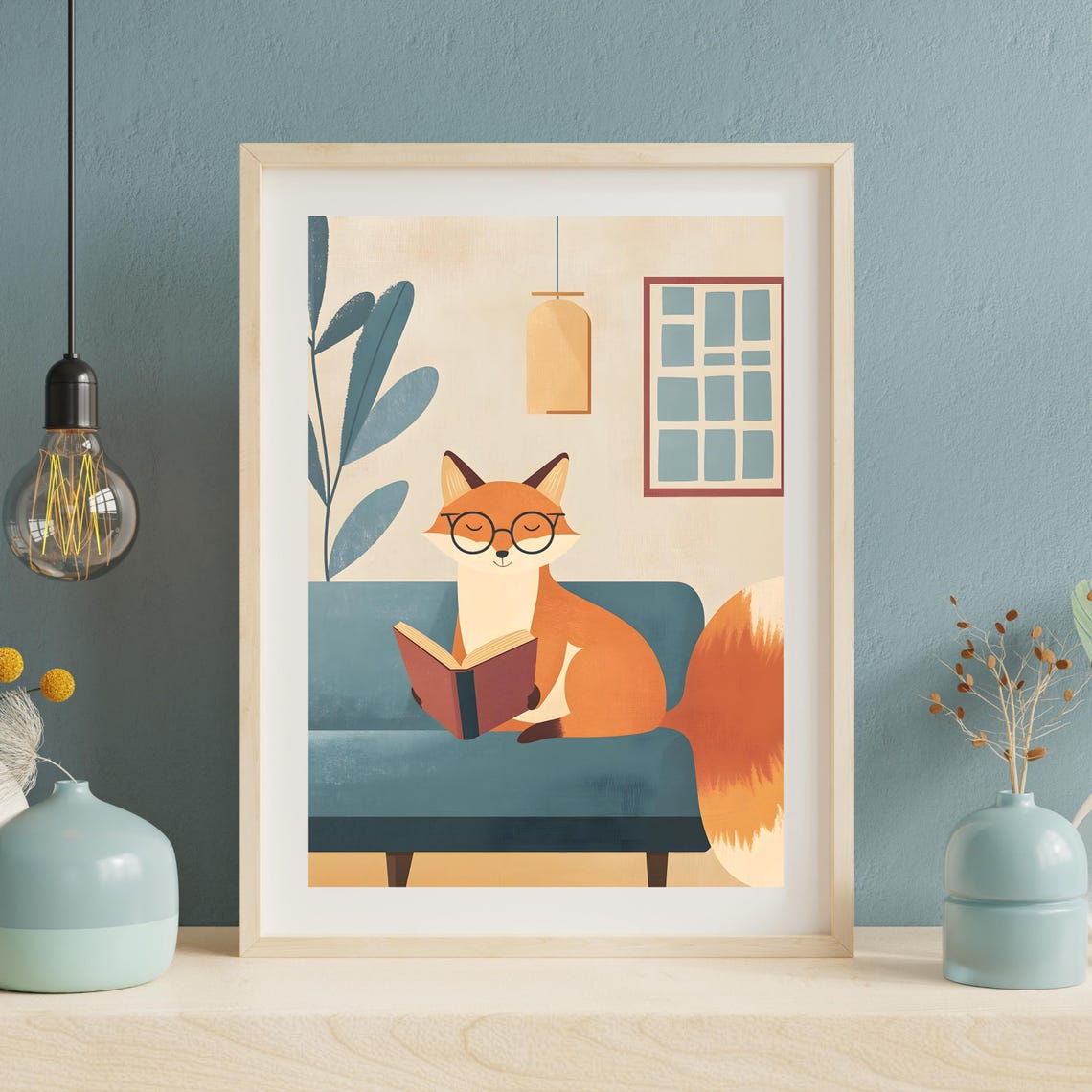 Cozy Fox Reading Book on Teal Sofa Minimalist Illustration Poster - Image 5