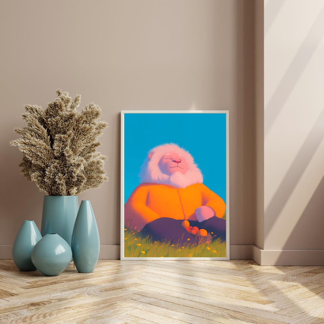Serene Lion in Orange Hoodie with Fruit Basket Meadow Poster - Image 4