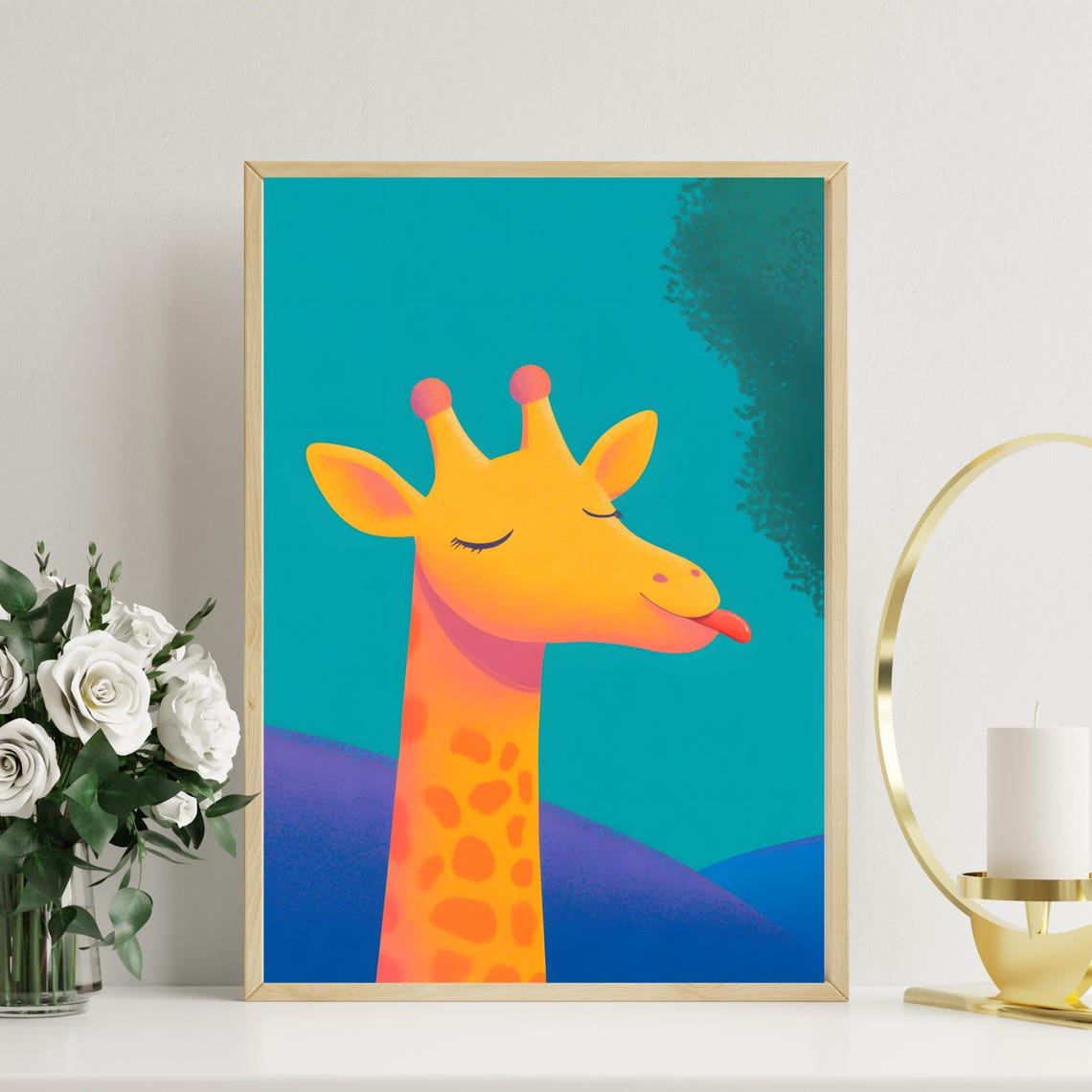 Playful Giraffe Sticking Out Tongue On Teal Background Art Poster