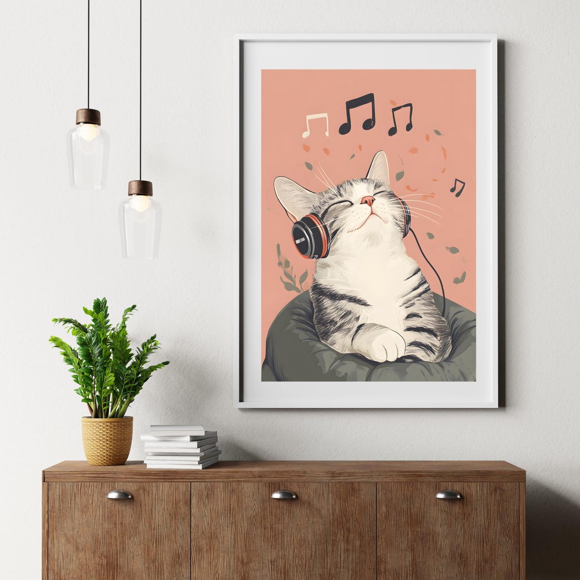Relaxed Tabby Cat Wearing Headphones with Floating Music Notes Poster - Image 3