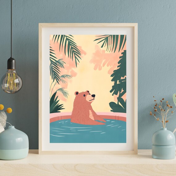 Smiling Brown Bear Floating in a Tropical Pool Under Pink Sunset Skies Poster