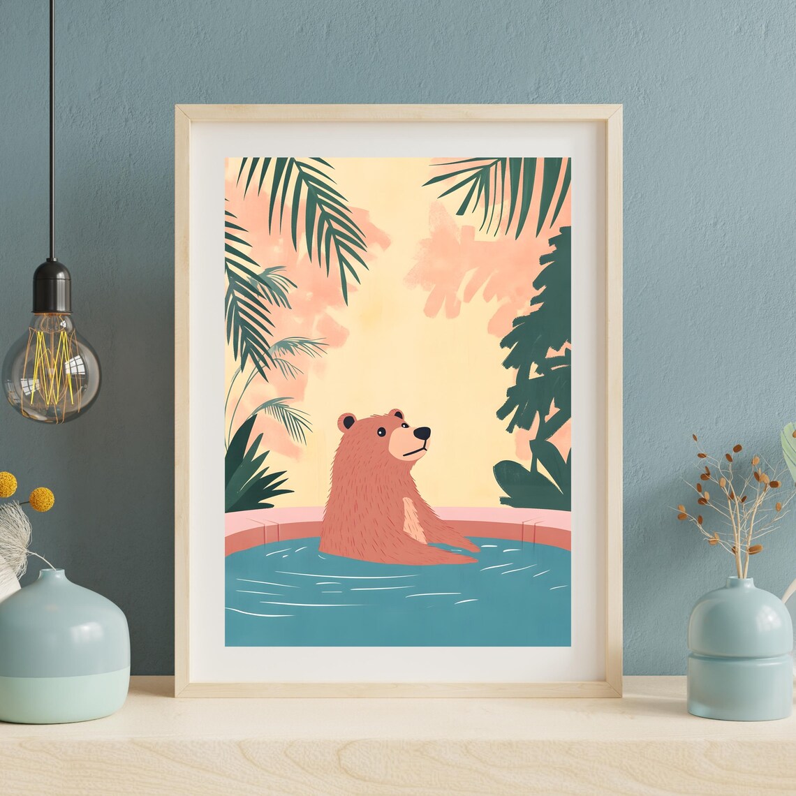 Smiling Brown Bear Floating in a Tropical Pool Under Pink Sunset Skies Poster