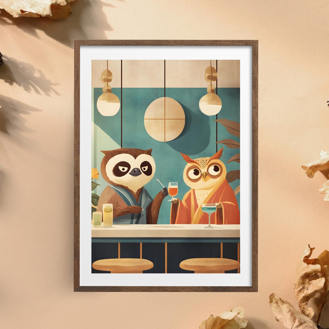 Owl and Sloth Drinking Cocktails at a Cozy Mid Century Bar Poster