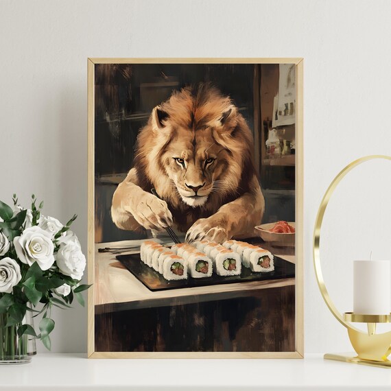 Majestic Lion Using Chopsticks Over a Full Sushi Platter Poster
