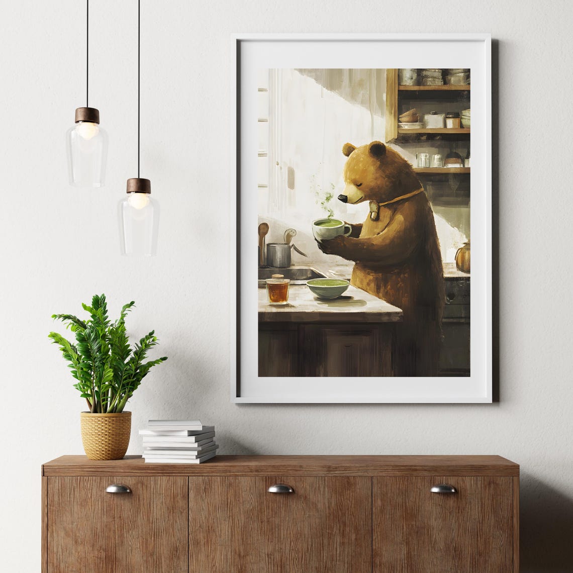 Brown Bear Savoring Steaming Matcha Tea in Sunlit Kitchen Poster - Image 2