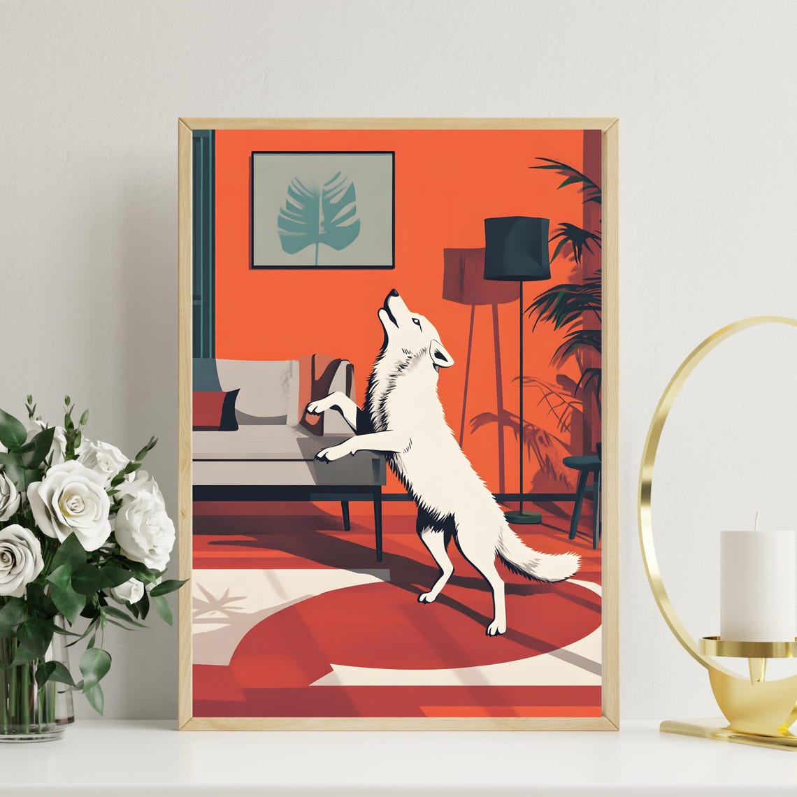 Playful White Wolf Howling Retro Living Room Mid Century Art Poster - Image 4