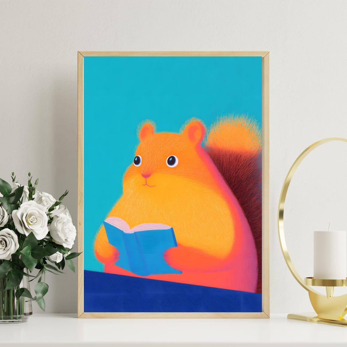Chubby Orange Squirrel Reading Book On Turquoise Background Poster