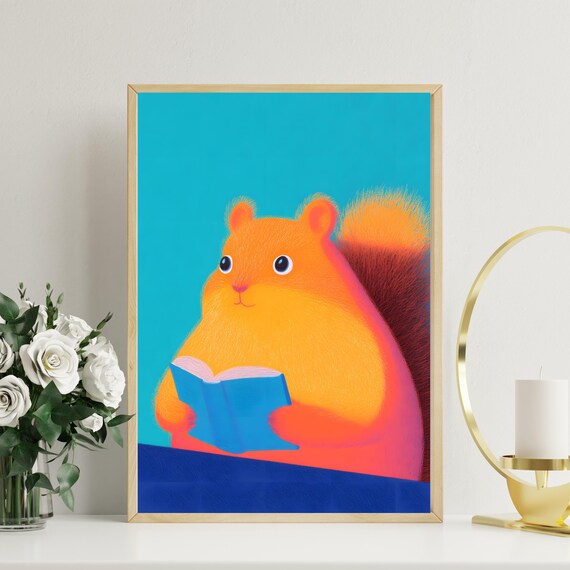 Chubby Orange Squirrel Reading Book On Turquoise Background Poster