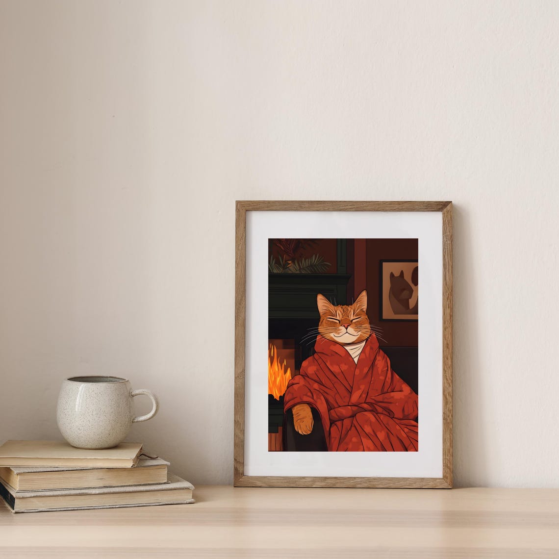 Cozy Ginger Cat in a Red Robe Relaxing by the Fireplace Poster - Image 7