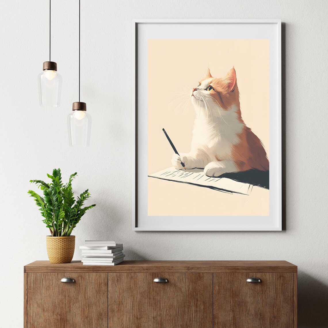 Thoughtful Orange and White Cat Holding a Pen Over an Open Notebook Poster - Image 6