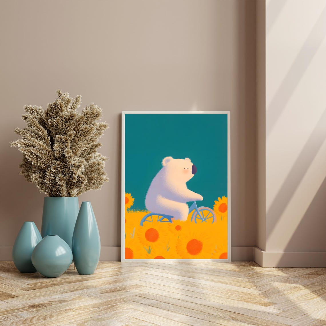 Happy Bear Riding Bicycle Through Sunflower Field Summer Poster - Image 4