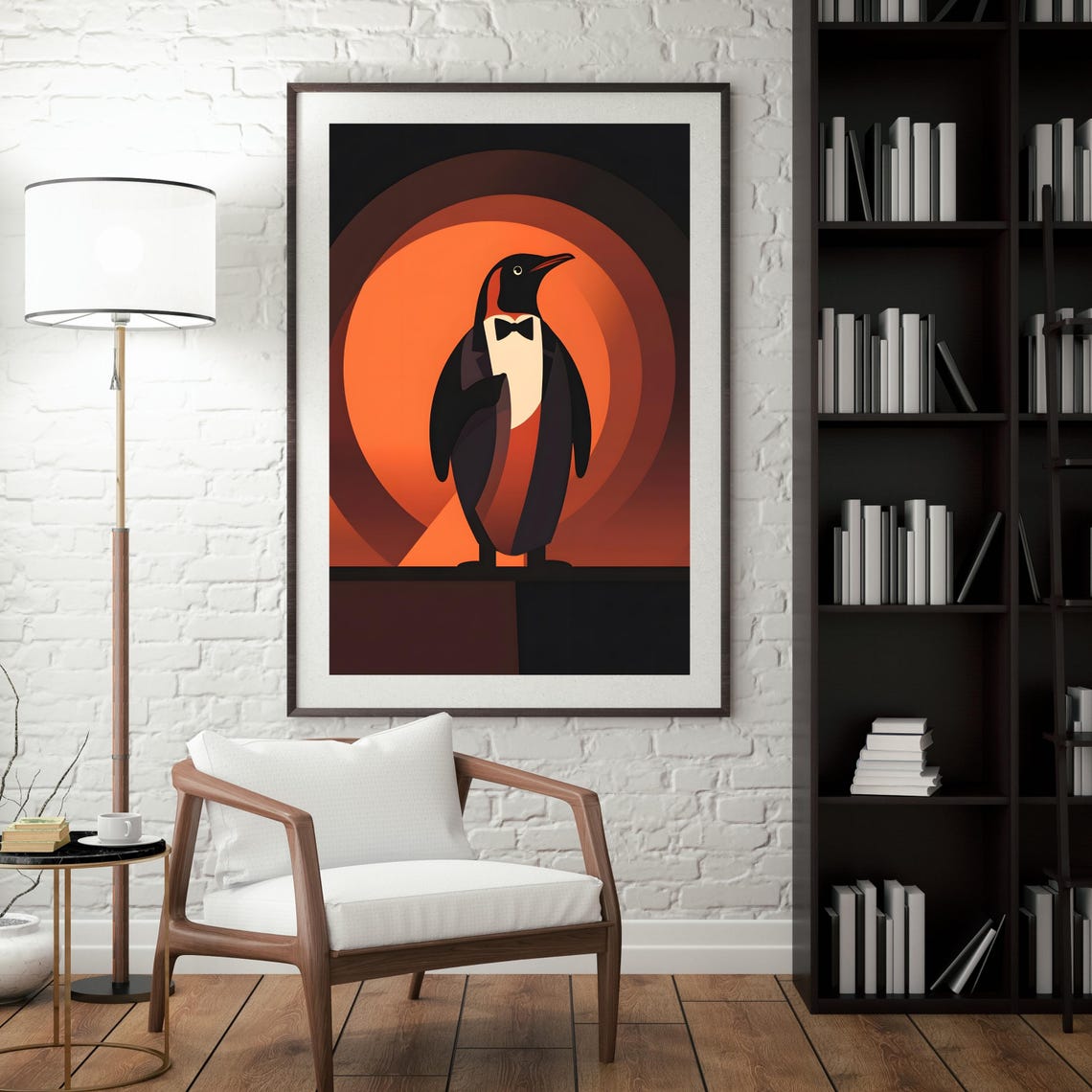 Elegant Penguin in Tuxedo Against Art Deco Orange Circles Poster - Image 6
