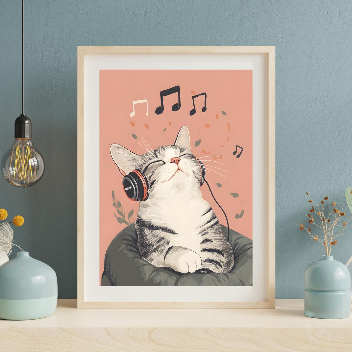 Relaxed Tabby Cat Wearing Headphones with Floating Music Notes Poster