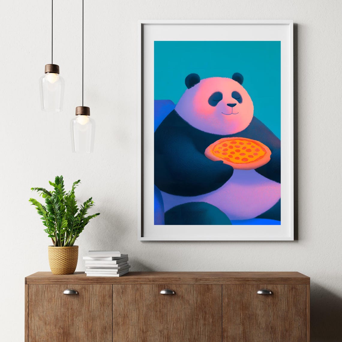 Happy Pink Panda Blissfully Holding a Pepperoni Pizza Poster - Image 2
