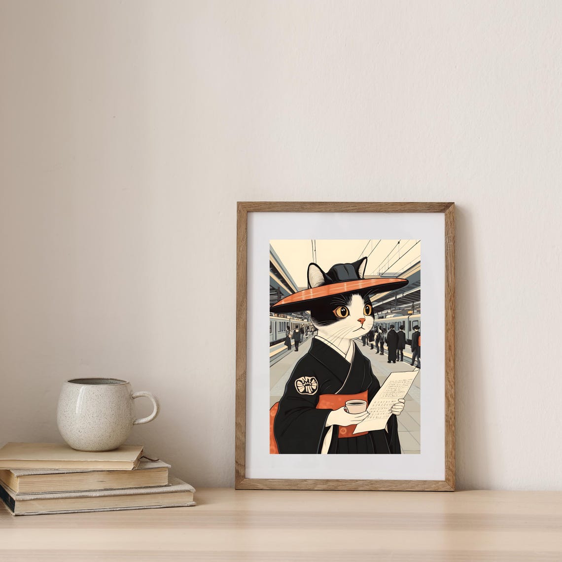 Cat in Kimono Sipping Tea at a Bustling Train Station Poster - Image 5