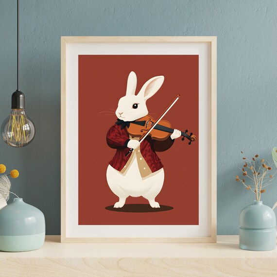 Elegant White Rabbit Playing a Violin in a Red Jacket Poster