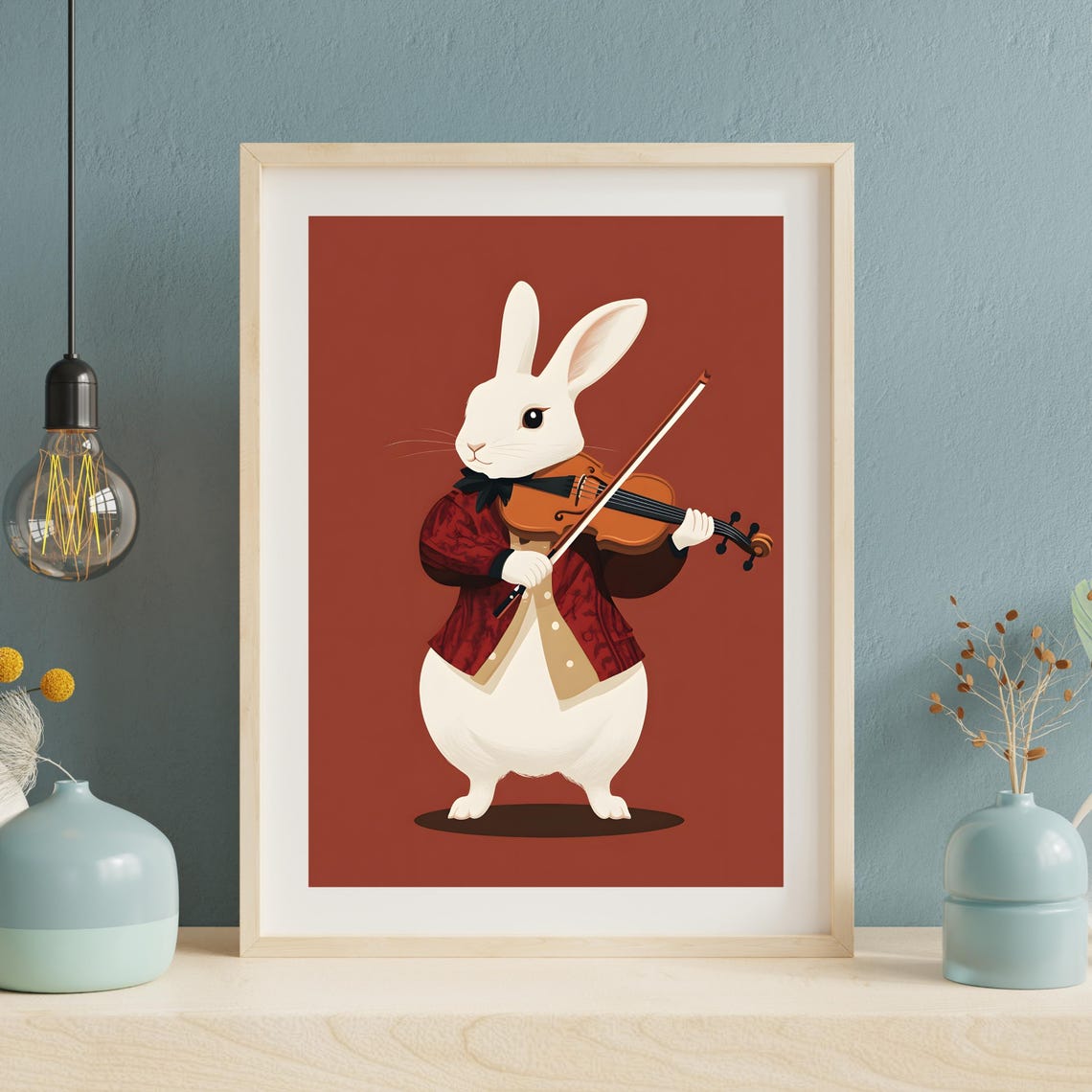 Elegant White Rabbit Playing a Violin in a Red Jacket Poster