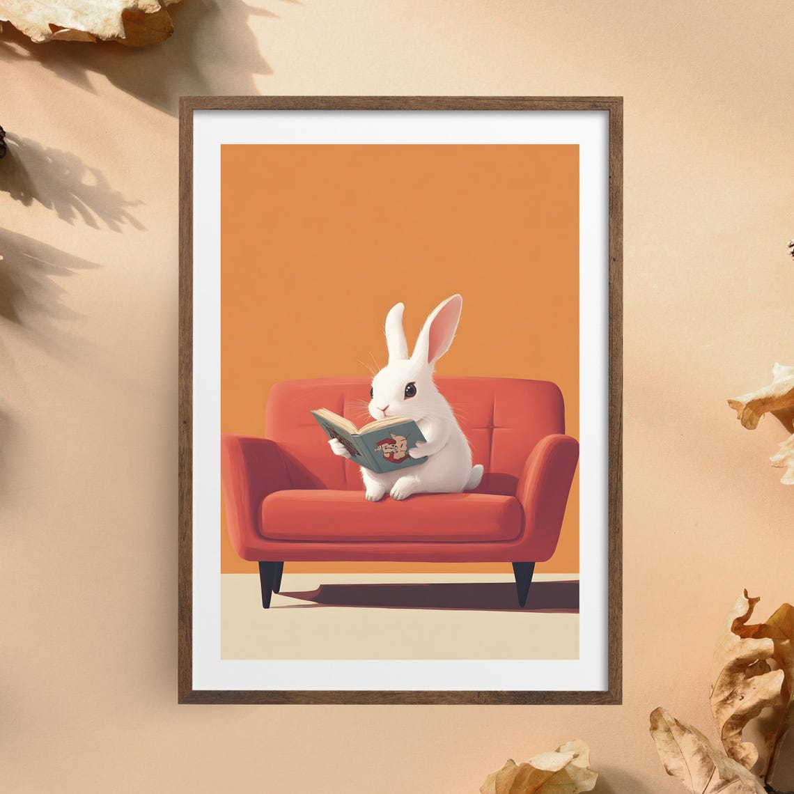 White Bunny Reading a Book on a Red Sofa in Orange Room Poster