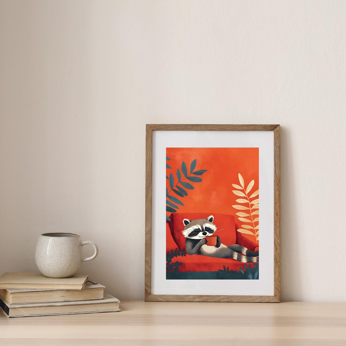 Sleepy Raccoon Lounging on a Red Sofa Holding a Coffee Cup Poster - Image 7