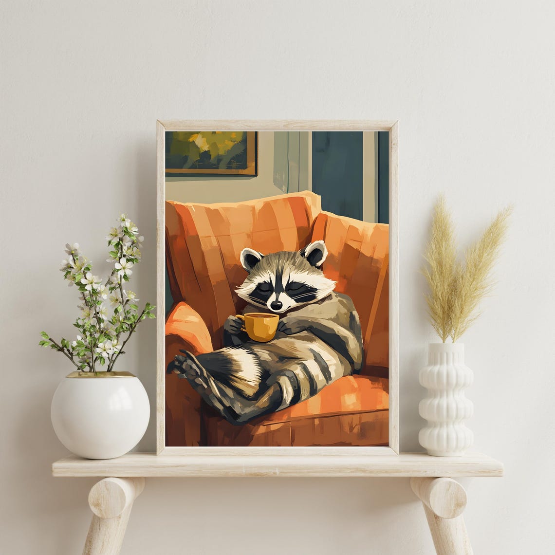 Relaxed Raccoon in an Orange Armchair Holding a Warm Mug Poster - Image 3