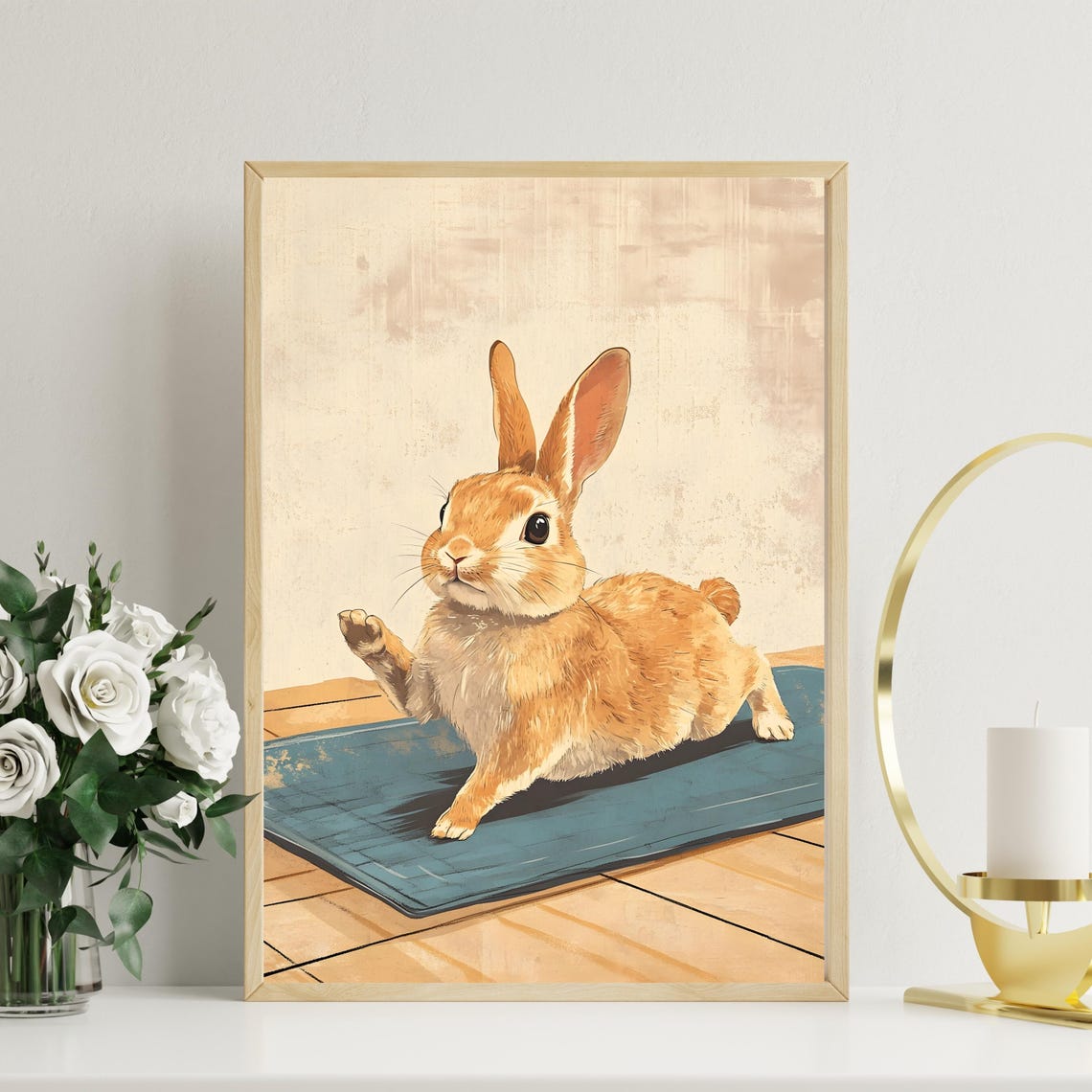 Cute Orange Bunny Doing Yoga Stretch On A Blue Mat Funny Poster - Image 3