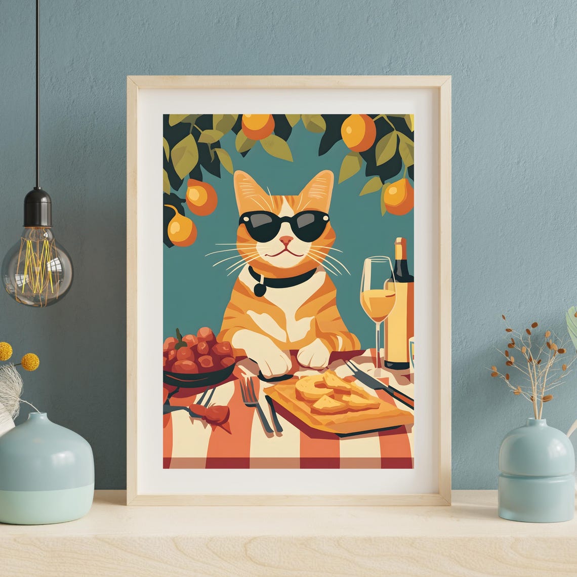Cool Orange Cat With Sunglasses at Lemon Picnic Table Poster - Image 3