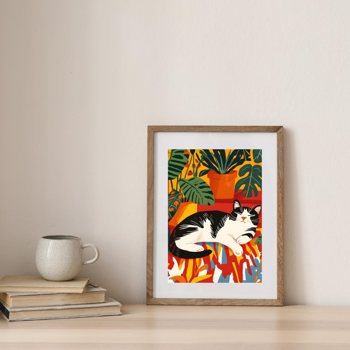 Sleeping Tuxedo Cat on Colorful Rug with Tropical Plants Poster - Image 3