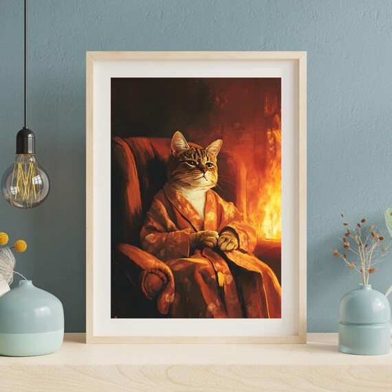 Regal Tabby Cat Wearing An Orange Robe By The Fireplace Poster