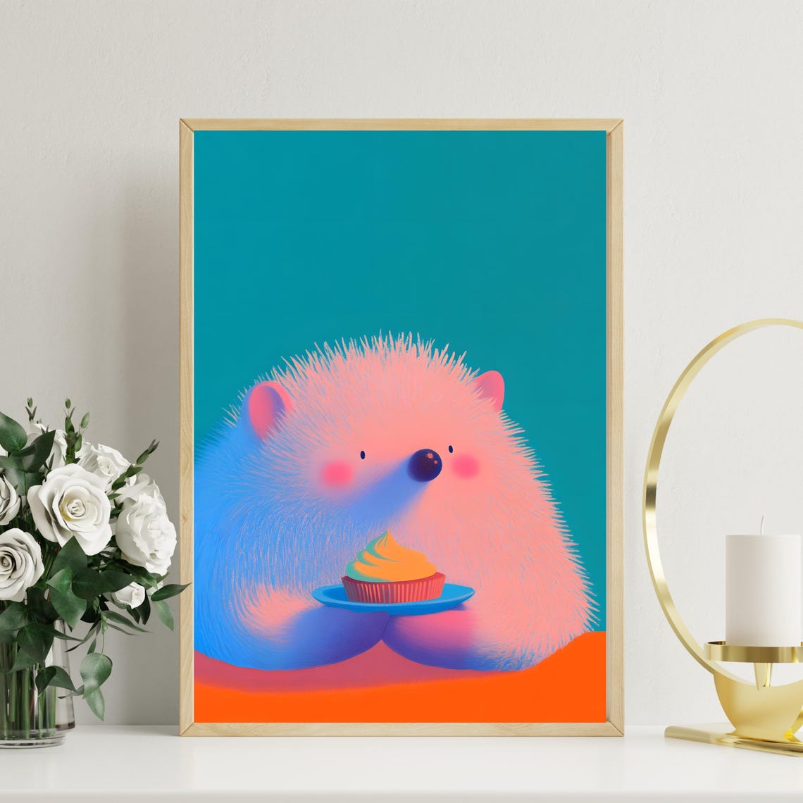 Cute Pink Hedgehog Holding Cupcake On Teal Background Art Poster