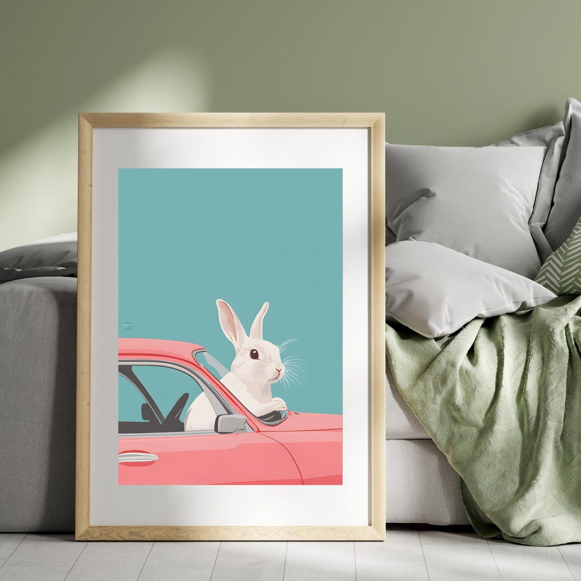 Rabbit Driving Retro Pink Car Cute Funny Animal Nursery Art Poster - Image 5